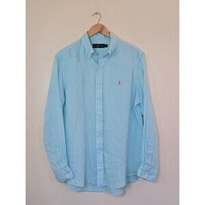 RALPH LAUREN Mens Large Aqua Blue 100% Linen Long Sleeve Button Down Shirt Pony